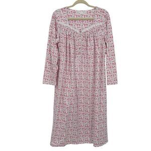 Eileen West Pink Floral Long Sleeve Cottage Core Nightgown Lace Trim Medium